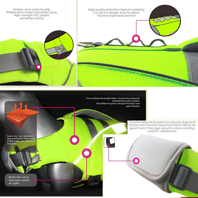 Wave Rider's Reflective Dog LifeJacket, Super Buoyancy EVA Lining ，Adjustable Dog Safety Vest (XS, Green) - PawsPlanet Australia