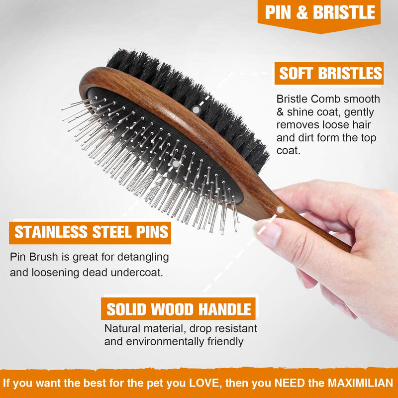 [Australia] - Premium Handmade Pet Double Sided Pin & Bristle Grooming Beechwood Brush for Dogs & Cats with Short or Long Hair, Effortlessly Remove Loose Hair Plus Stimulate Skin While Creating a Soft Coat Shine. 