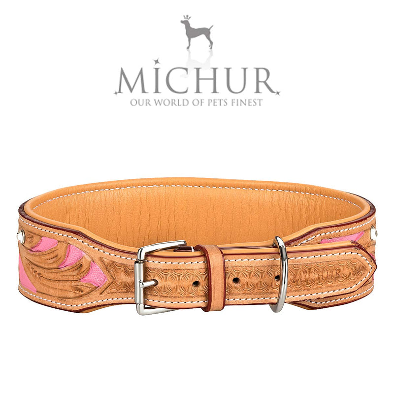 MICHUR Pinklady Dog Collar Leather, Leather Collar Dog, Collar, LEATHER, BEIGE, Caramel, Brown, PINK, WITH PUNCHINGS and Rhinestones Neck circumference 22.05-25.04" - PawsPlanet Australia