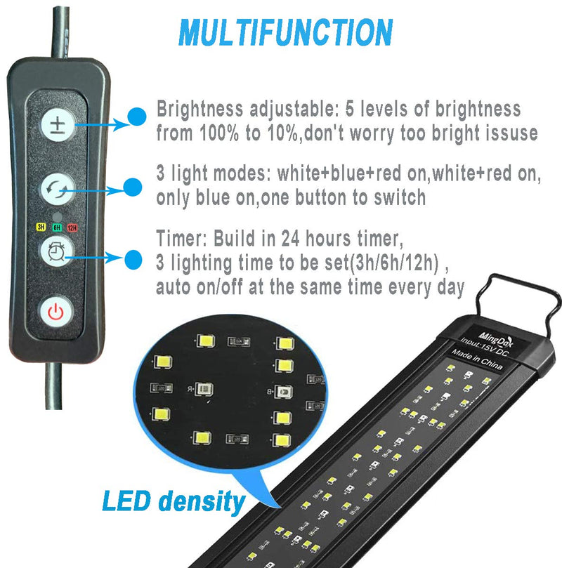 MingDak LED Aquarium Plant Light - Fish Tank Light Fixture,Full Spectrum Aquarium Lighting for Freshwater,White Blue Red Combine LEDs 12-18'' 700lm (Timer Switch) - PawsPlanet Australia