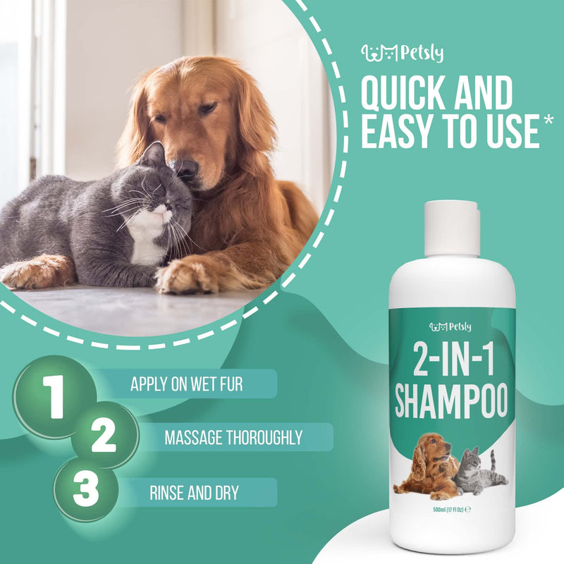 PETSLY 2-in-1 dog shampoo & cat shampoo with conditioner + aloe vera [500ml] - cleansing cat & dog shampoo fur care for cuddly soft pet fur, dog shampoo, sensitive dog shampoo - PawsPlanet Australia