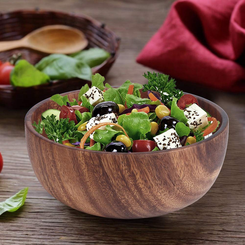 Oumefar 18cm Wooden Bowl Round Salad Bowl Dining Bowl Dish Meal Soup Fruit Bowl Kitchen Utensils Food Container for Home Restaurant - PawsPlanet Australia