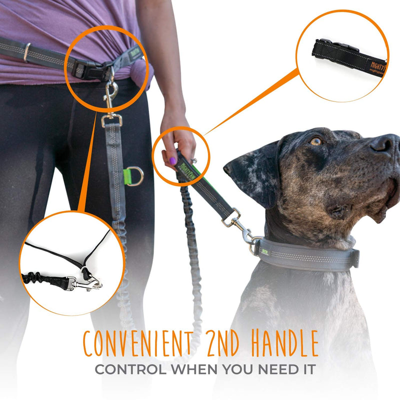 Mighty Paw Hands Free Dog Leash | Premium Runners Pet Lead and Adjustable Hip Belt. Lightweight Reflective Bungee System for Training, Walking, Jogging, Hiking and Running. 36 inch Black - PawsPlanet Australia