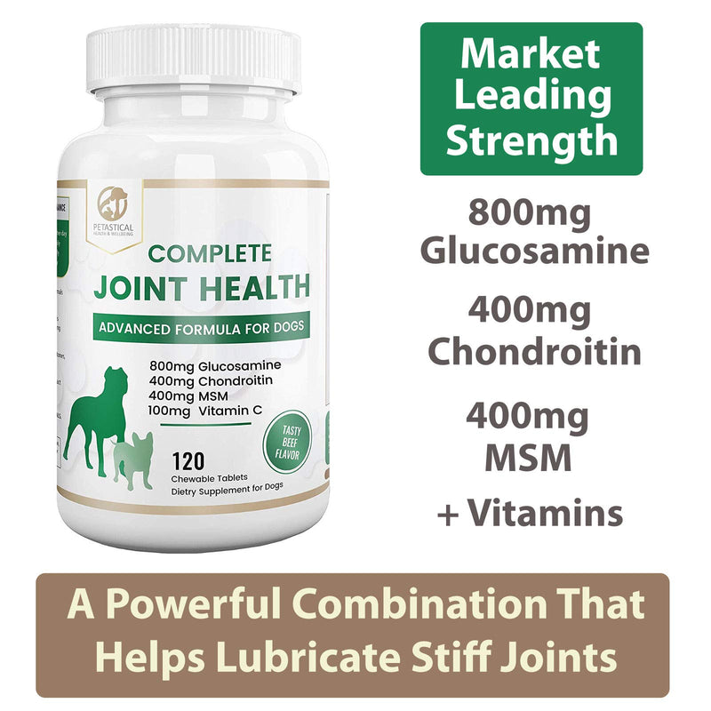 Petastical Dog Joint Supplements - Hip Support - 800mg Glucosamine - Triple Strength includes Chondroitin, MSM and Vitamins - 120 Chewable Tablet Treats - PawsPlanet Australia