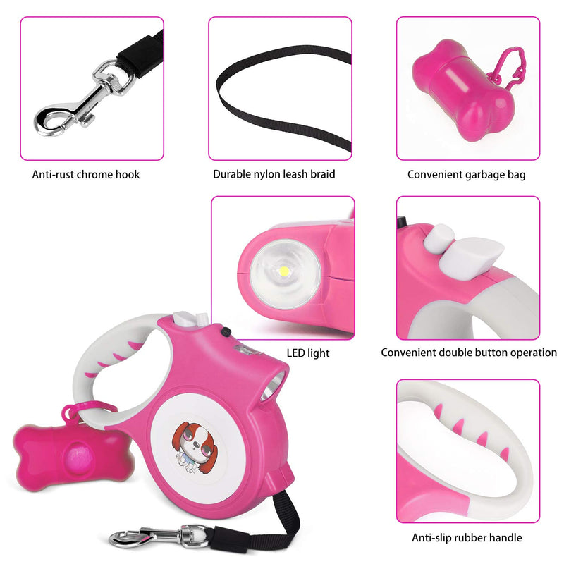 [Australia] - Mowis Small Retractable Dog Leash with Anti-Slip Handle, 16.4ft Dog Walking Leash for Small Medium Dogs up to 55lbs With Collapsible Dog Bowl Pink 