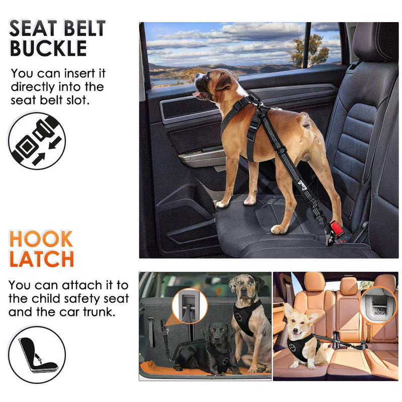 Eyein Dog Seat Belt, 2 in 1 Attachment Dog Car Harnesses Belt, Hook Latch Bar & Seatbelt Buckle with Anti Shock Elastic Nylon Bungee Buffer, Adjustable Reflective Duty Pet Safety Belts for Vehicle Black 1 pcs - PawsPlanet Australia
