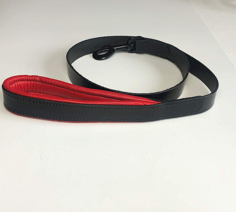 KLASSY K9 SEDGWICK BRIDLE LEATHER PADDED DOG LEAD IN BLACK WITH RED LEATHER PADDING 1" WIDE WITH BLACK TRIGGER - PawsPlanet Australia