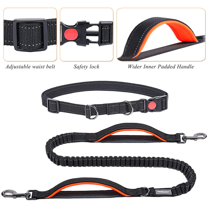 VIVAGLORY Hands Free Dog Leash with Durable Padded Dual-Handle Bungee Leash for Medium and Large Dogs, Reflective Waist Leash for Training Running Walking Jogging Fits waist 25½"~44" Black/Orange - PawsPlanet Australia