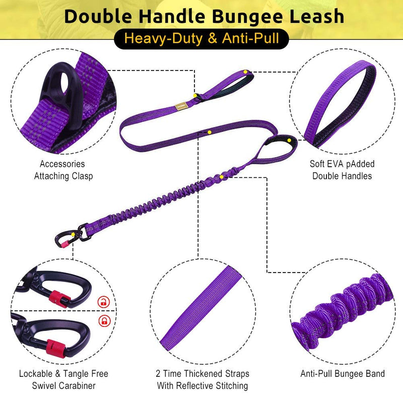 [Australia] - AdventureMore Dog Harness Leash Set, No-Pull Dog Harness, Front Clip Dog Harness, Reflective Dog Vest, with 5 ft Dual Handle Dog Leash, Padded Handles Bungee Training Dog Leash L(chest 17-35"/neck 18-26") Purple 