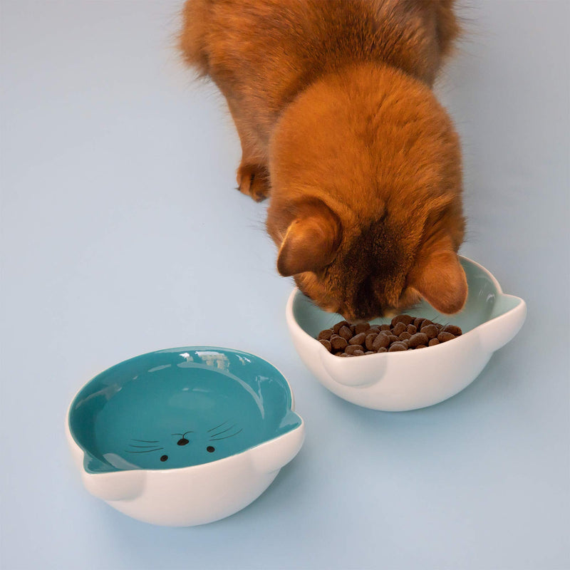 Navaris Cat Bowls with Ears - 2 Pack of Ceramic Cat Feeding Dishes with Anti Slip Silicone Feet - Blue Cat Shaped Food and Water Bowls Set - PawsPlanet Australia