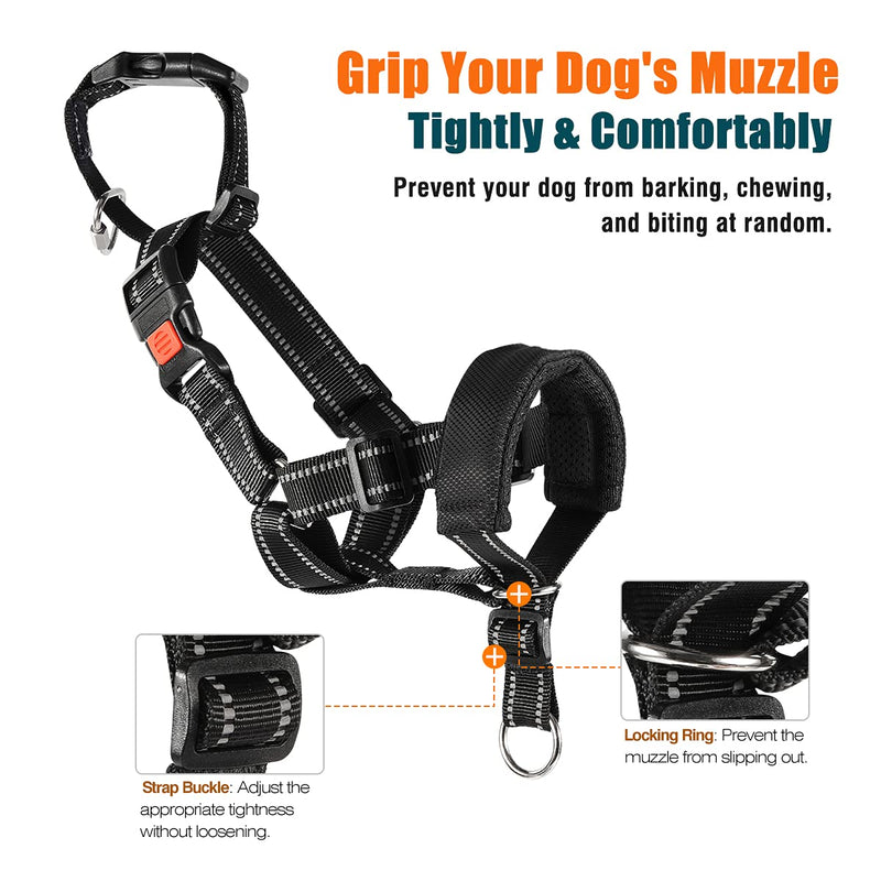 VavoPaw Dogs Muzzle Guard, Soft Padding Light-Reflecting Nylon Strip Dog Muzzle Prevent from Biting, Chewing, Barking, Universal Muzzle Adjustable Snout & Neck Strap fit for Large Dogs, Black - PawsPlanet Australia