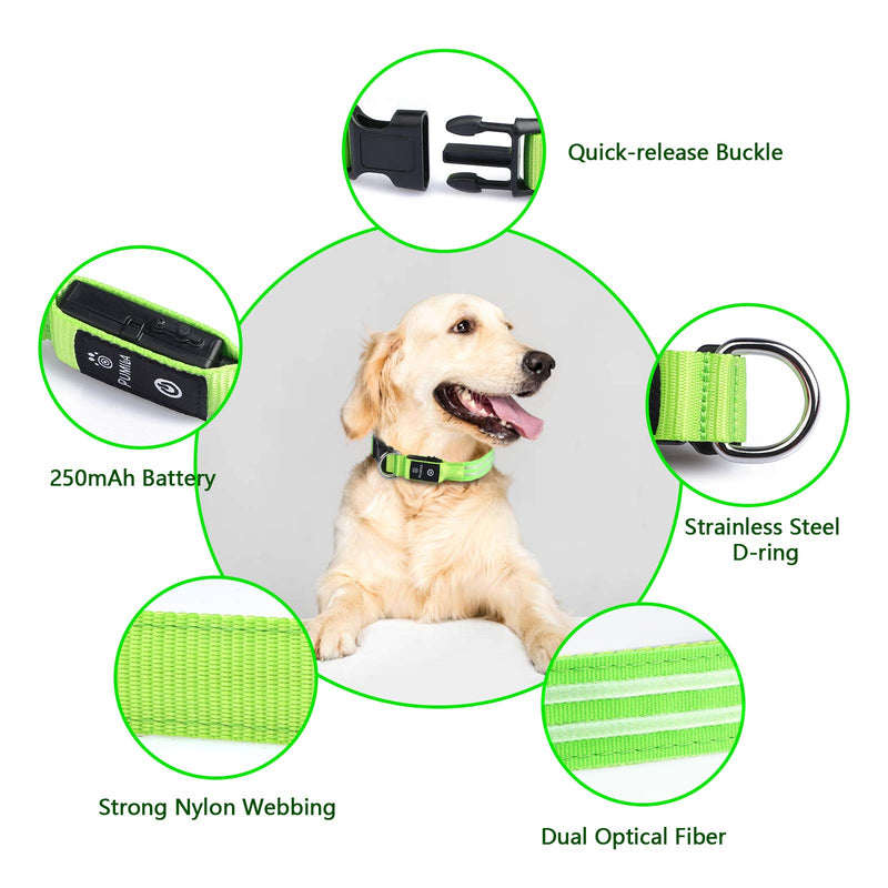 PcEoTllar Luminous Rechargeable Dog Collar, Luminous Dog Collar, Waterproof Adjustable Flashing Light LED Collar Dog for Small Medium Large Dogs, Visibility in the Dark, Green - LL(48-60cm/19-23.6inch) - PawsPlanet Australia