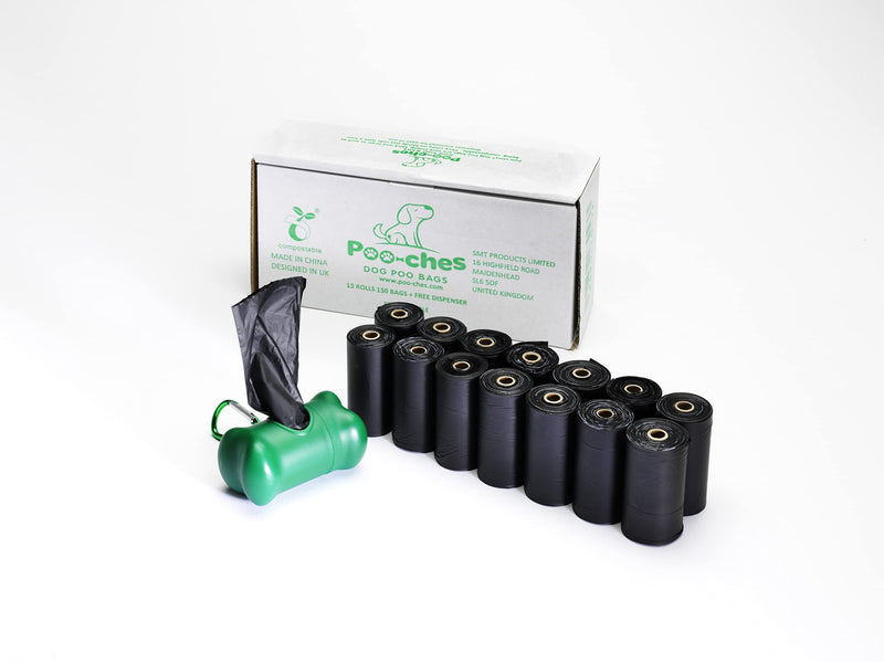 Poo-ches® Premium compostable dog poop bags, 150 pieces on a roll, extra strong and extra large, dispenser and leash clip included - PawsPlanet Australia