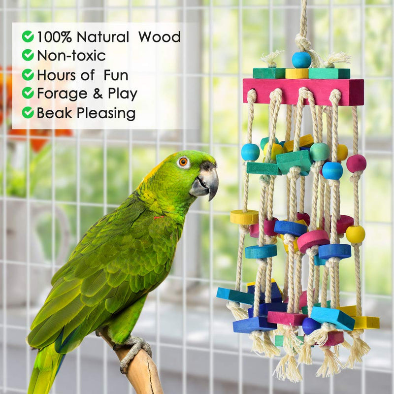 [Australia] - KATUMO Bird Chewing Toy with Bird Perch Nature Wood Stand, Parrot Cage Bite Toys Multicolored Wooden Blocks Bird Parrot Toys for Small and Medium Parrots and Birds 