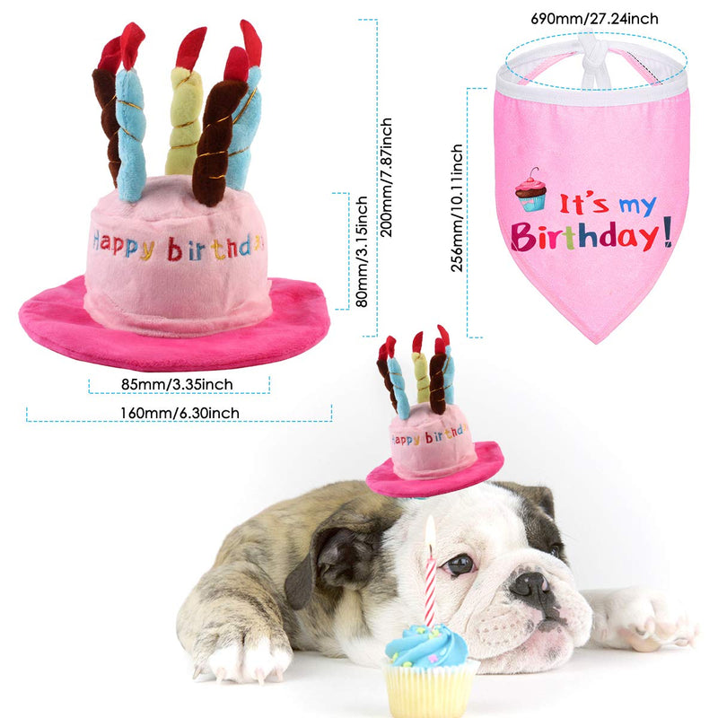 Ponacat Pet Dog Birthday Hat Bandana Set, Pet Birthday Hat Pet Headwear with a Cake and Candles Cute Triangle Scarfs Design for Pet Dog Birthday Party Home Happy Time Pink - PawsPlanet Australia