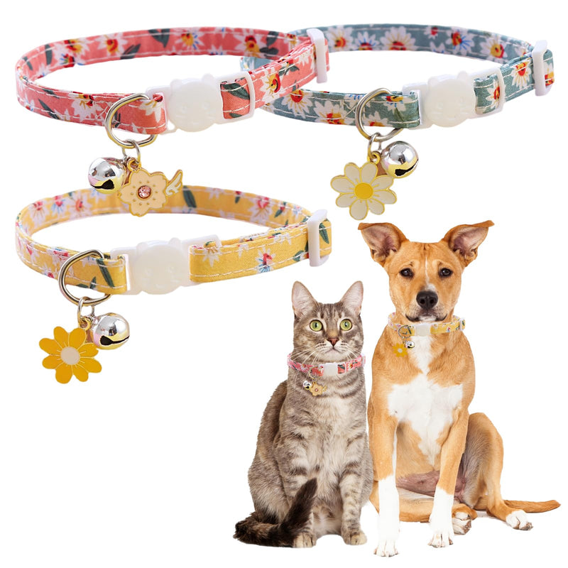 Pack of 3 Cat Collar with Bell, Adjustable Cat Collar Release Click Buckle, Flowers Pendant Cute Cat Collar, Cat Collars for Girls Boys - PawsPlanet Australia