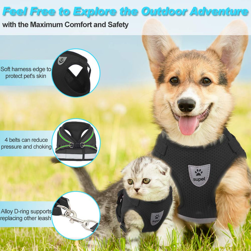 Supet Cat Harness and Leash Set for Walking Cat and Small Dog Harness Soft Mesh Puppy Harness Adjustable Cat Vest Harness with Reflective Strap Comfort Fit for Pet Kitten Puppy Rabbit X-Small (Chest: 7" - 9") Black - PawsPlanet Australia