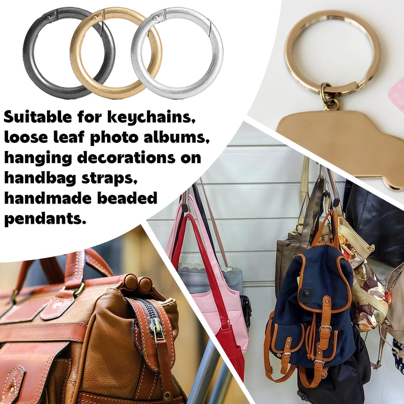 Pizsieat Pack of 30 Carabiners Round 35 mm Zinc Alloy Carabiner Hooks Round O-Ring Carabiner Ring Jump Ring with Spring Opening for Key Chain Backpack and DIY Crafts (Silver Gold Black) - PawsPlanet Australia