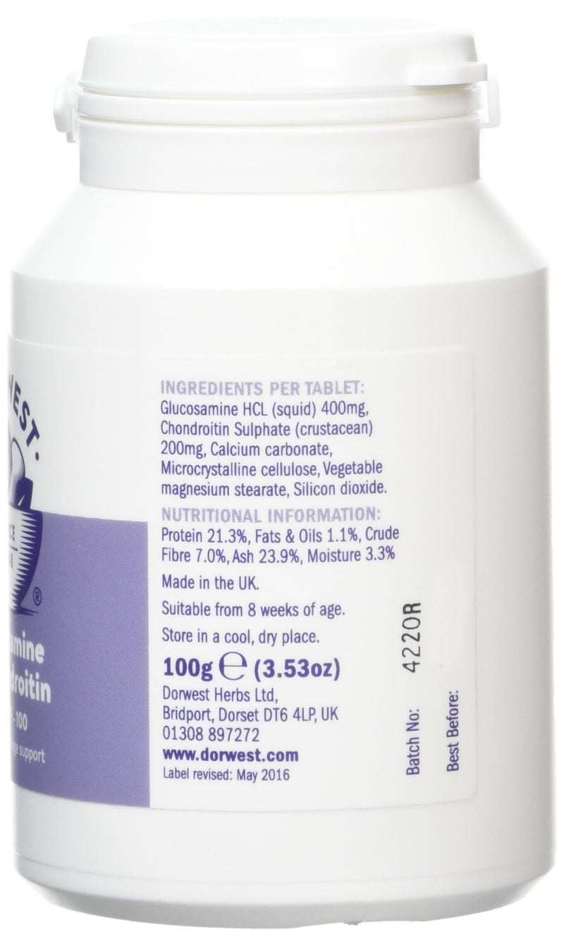 Dorwest Herbs Glucosamine and Chondroitin Tablets for Dogs 100 Tablets 100 Count (Pack of 1) - PawsPlanet Australia