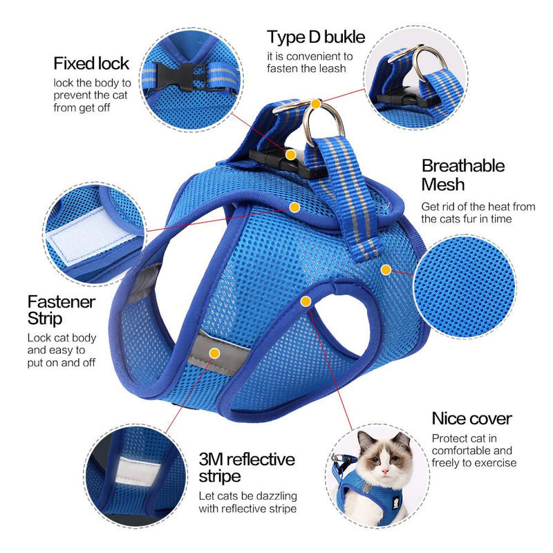 LIANZIMAU Cat Harness and Leash for Walking Escape Proof,Adjustable Breathable Kitten Mesh Vest with Reflective Strip,Travel Outdoor Jacket for Puppy Medium Large Cats L Blue - PawsPlanet Australia