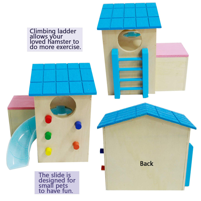Pet Small Animal Hideout Hamster House Deluxe Two Layers Wooden Hut with Climbing Ladder Slide Play Toys Chews for Dwarf Hamster and Mouse(2 PCS) blue - PawsPlanet Australia