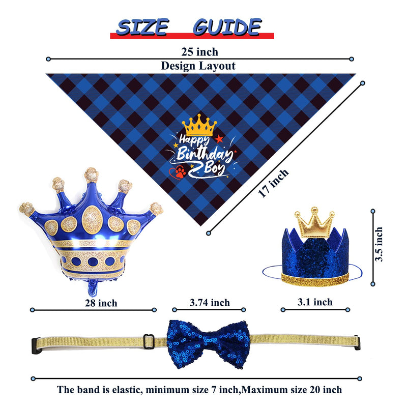 IDOLPET Dog Boy Birthday Party Supplies, Dog Birthday Bandana Scarf Bling Bling Cute Dog Bowtie Dog Party Crown Hat Banner Big Crown Shape Balloon for Small Medium Dogs Pets Puppies Blue - PawsPlanet Australia