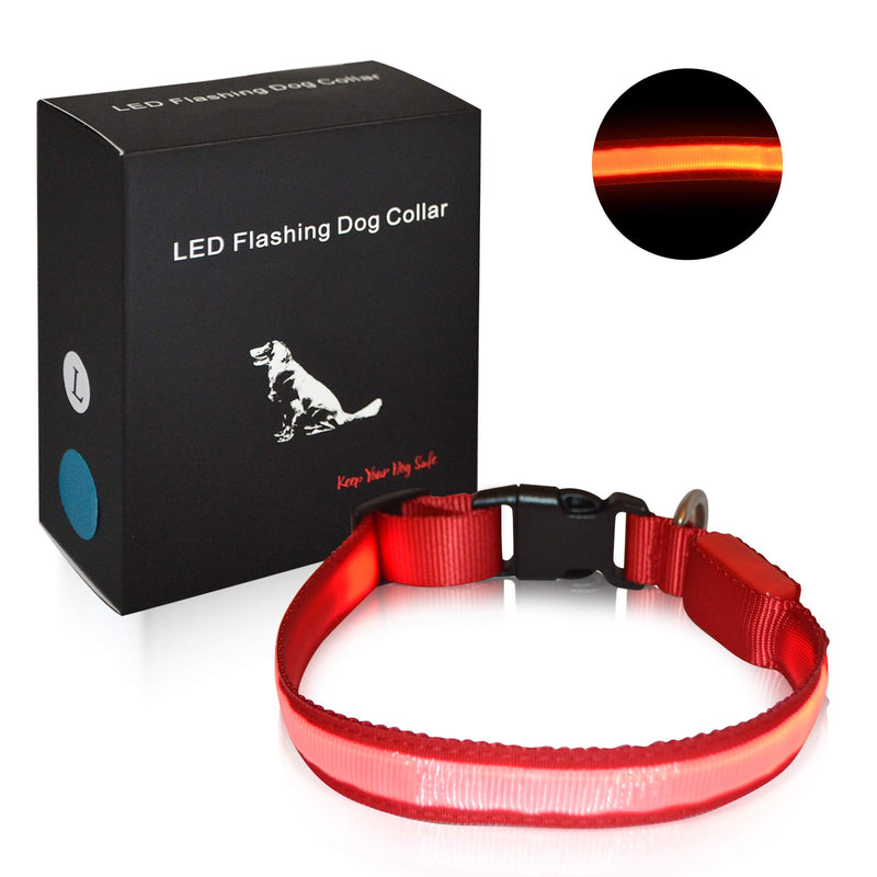 Laika Pets LED Dog Collar Luminous Optical Fibre Woven into Strong High Tensile Nylon Webbing Fabric Glowing Reflective and Flashing with Long Lasting Replaceable Battery Medium Red - PawsPlanet Australia