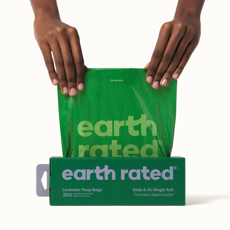 Earth Rated Dog Poop Bags, New Look, Thick Grab & Go Single Roll, Ideal for Collecting in the Garden, Lavender Scent, 300 Bags Lavender - PawsPlanet Australia