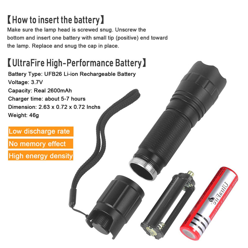 [Australia] - UltraFire 5W UV Flashlight,Infinite Dimming 395-405 nm BlackLight LED Flashlight,Zoomable,With Rechargeable Battery And Charger,For Dog/Cat Urine, Dry Stains, Bed Bugs, Scorpions,A/C Leak Detector 