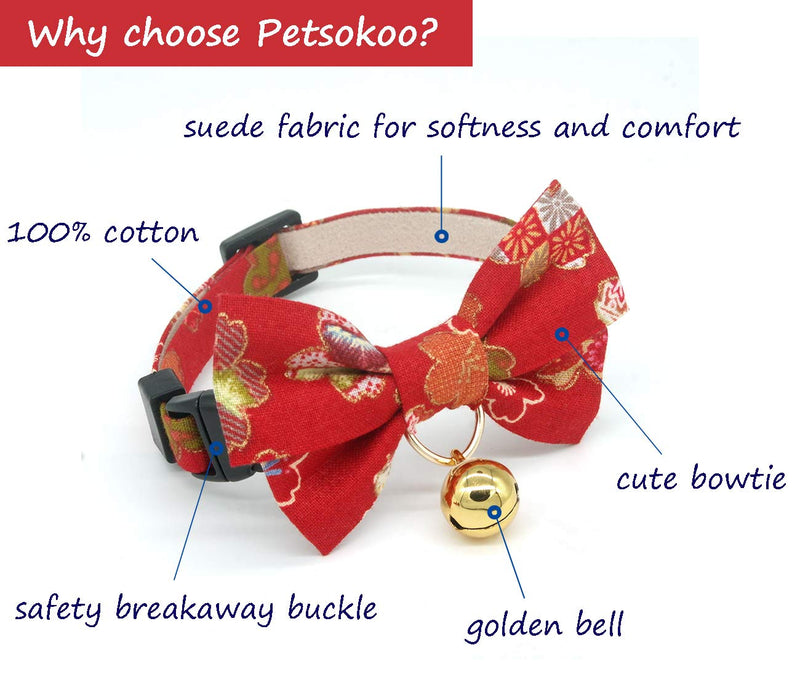 [Australia] - PetSoKoo Bowtie Cat Collar with Bell. Colorful Sakura Kimono Style Bow Tie. 100% Cotton. Safety Breakaway Buckle .Light Weight, Soft, Durable. Medium (8-12 inch,20cm-31cm) Red 