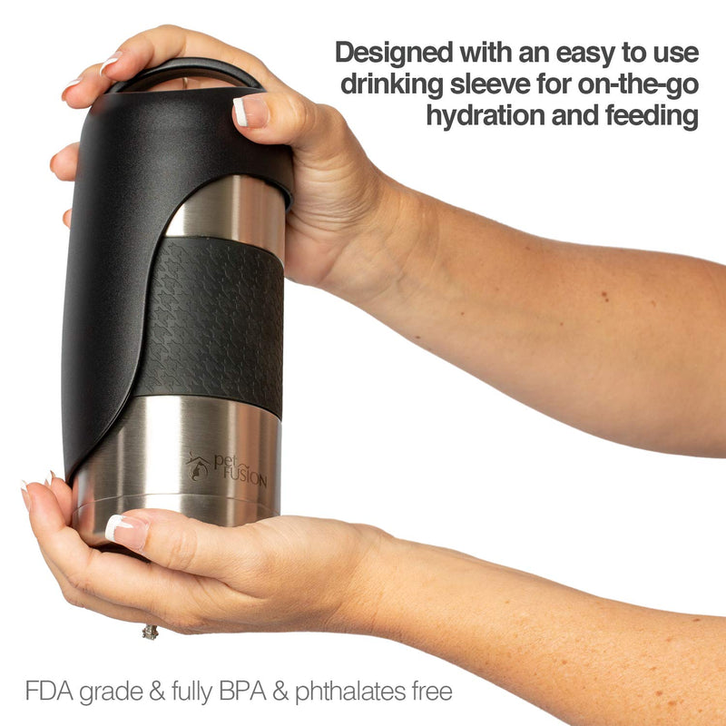 PetFusion Portable Dog Water Bottle (New; Large Dispenser, 22 oz). Insulated 2 Wall Stainless Steel for Optimal Cool Water Temp, Leak Proof, Eco Friendly Black and steel - PawsPlanet Australia