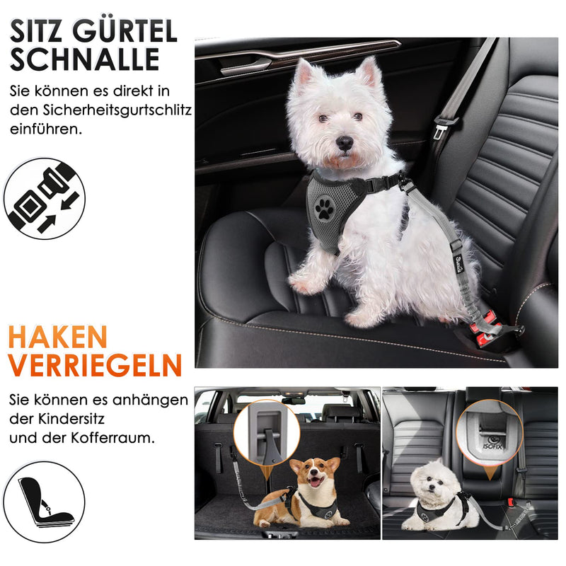 Eyein dog seat belt, 3 in 1 seat belt dog car with reflective elastic nylon bungee, dog seat belt for all dog breeds and car seats trunk, 70 cm (grey) 70 cm (55-70 cm) grey - PawsPlanet Australia