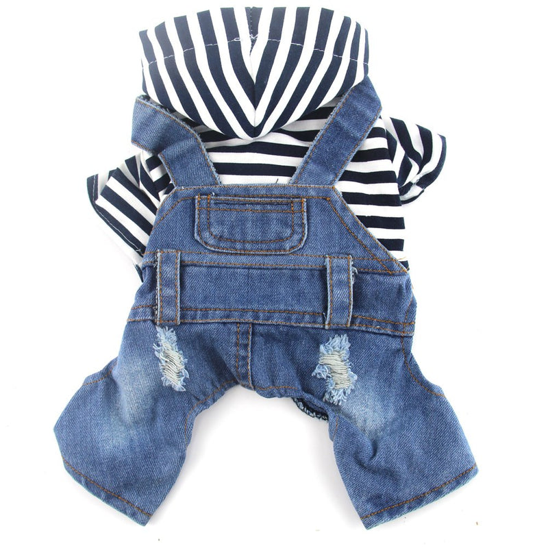 [Australia] - DOGGYZSTYLE Pet Dog Cat Clothes Blue Striped Jeans Jumpsuits One-Piece Jacket Costumes Apparel Hooded Hoodie Coats for Small Puppy Medium Dogs M(Chest 15.74'' x Back 11.02'') 