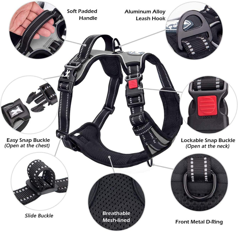 PoyPet No Pull Dog Harness, [Upgraded Version] No Choke Front Lead Dog Reflective Harness, Adjustable Soft Padded Pet Vest with Easy Control Handle for Small to Large Dogs Grey - PawsPlanet Australia