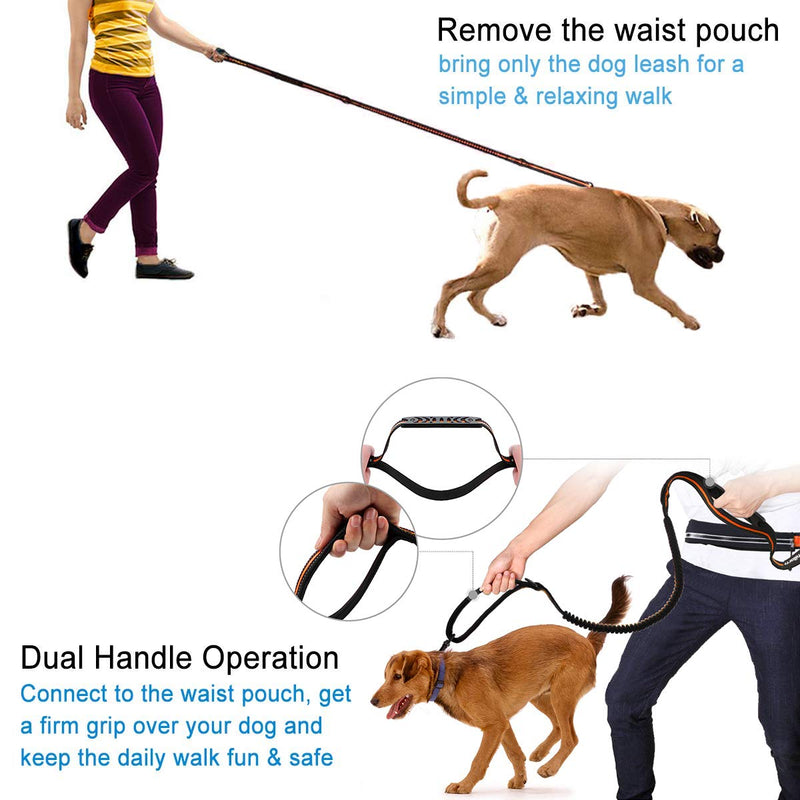 [Australia] - PHILORN Hands Free Dog Leash for Running, Jogging | Reflective Stitching, Adjustable Waist Belt(24"-47"), Phone Pouch, Shock Absorbing Dual Handle Bungee(47"-67") for Up to 150lbs Large Dog Orange 