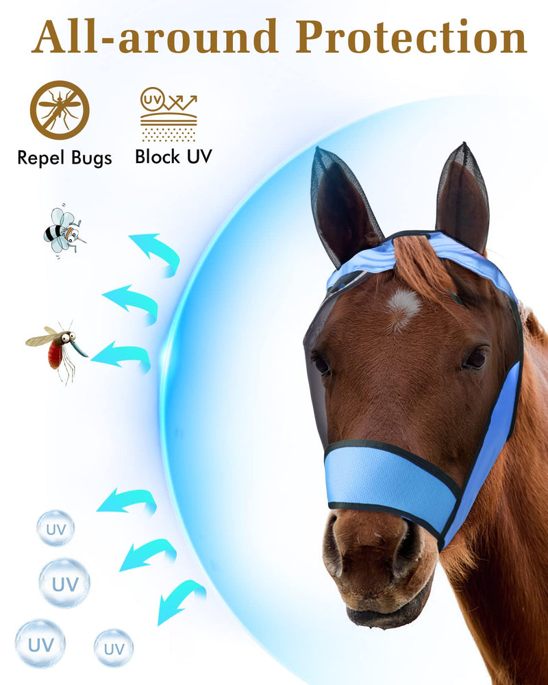 Petbank Horse Fly Mask UV Protection Horse Fly Mask with Ear Net/Forelock Hole/Reflective Trim Stretchy Fly Mask for Horse Breathable Fine Mesh/Eye Dart/Hook and Loop (Blue, L) Blue - PawsPlanet Australia