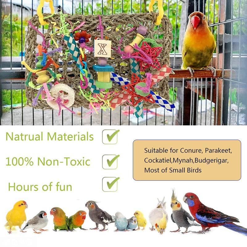CooShou Bird Parrot Seagrass Climbing Net Toy with Wood Blocks Shredder Papers Loofahs Bird Foraging Wall Bird Chewing Toy Natural Grass Mat Hammock for Cockatiel African Grey Conure Parakeets - PawsPlanet Australia