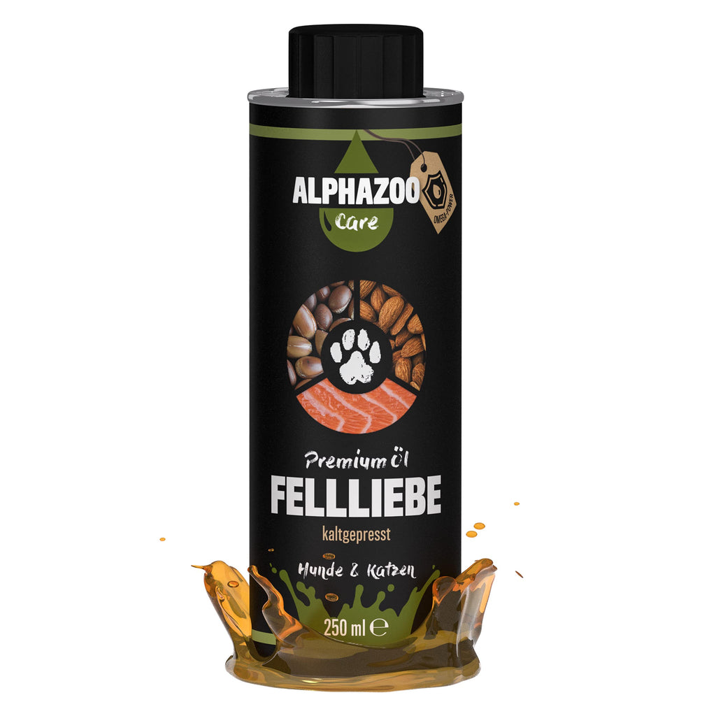 alphazoo Fellliebe natural feed oil 250ml, fur care for dogs, cats, horses, Omega-3 Omega-6 fur shine, natural against itching and dandruff, with salmon oil, almond oil and argan oil, barf oil mixture, fish oil - PawsPlanet Australia