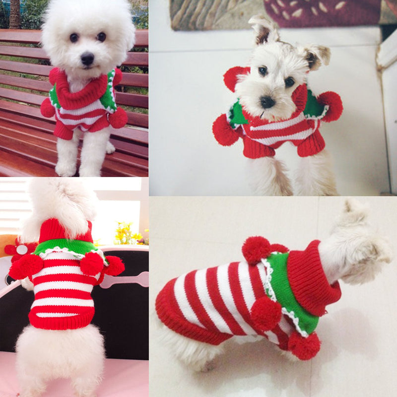 Christmas Turtleneck Knitted Pet Dog Cat Sweater Knitwear Outerwear with Collar and Balls for Dogs & Cats (Red & White Stripes, L) - PawsPlanet Australia