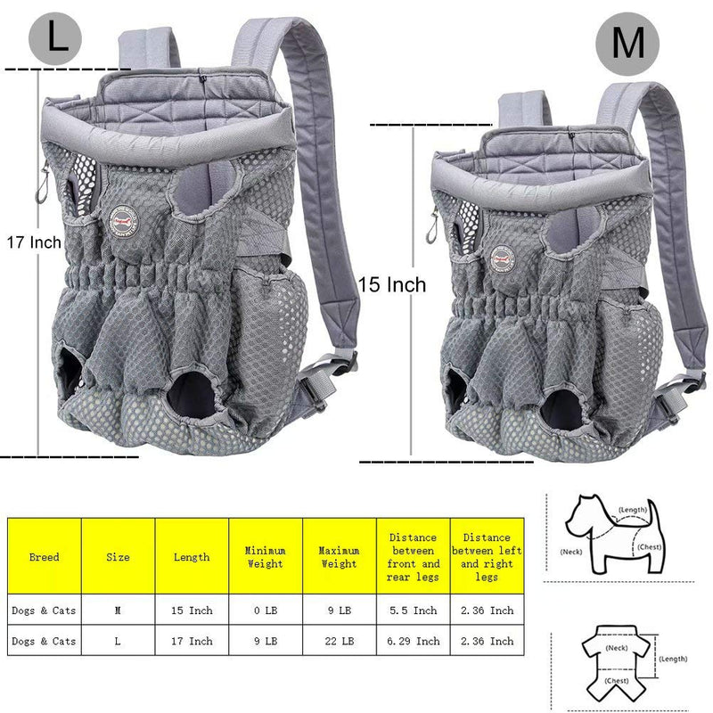 DuoLmi Pet Carrier Backpack, Adjustable Pet Front Cat Dog Carrier Backpack Travel Bag, Legs Out, Easy-Fit for Traveling Hiking Camping for Medium Dogs Cats Puppies (Below 22lb), Gray Large (8.8-22lbs) - PawsPlanet Australia