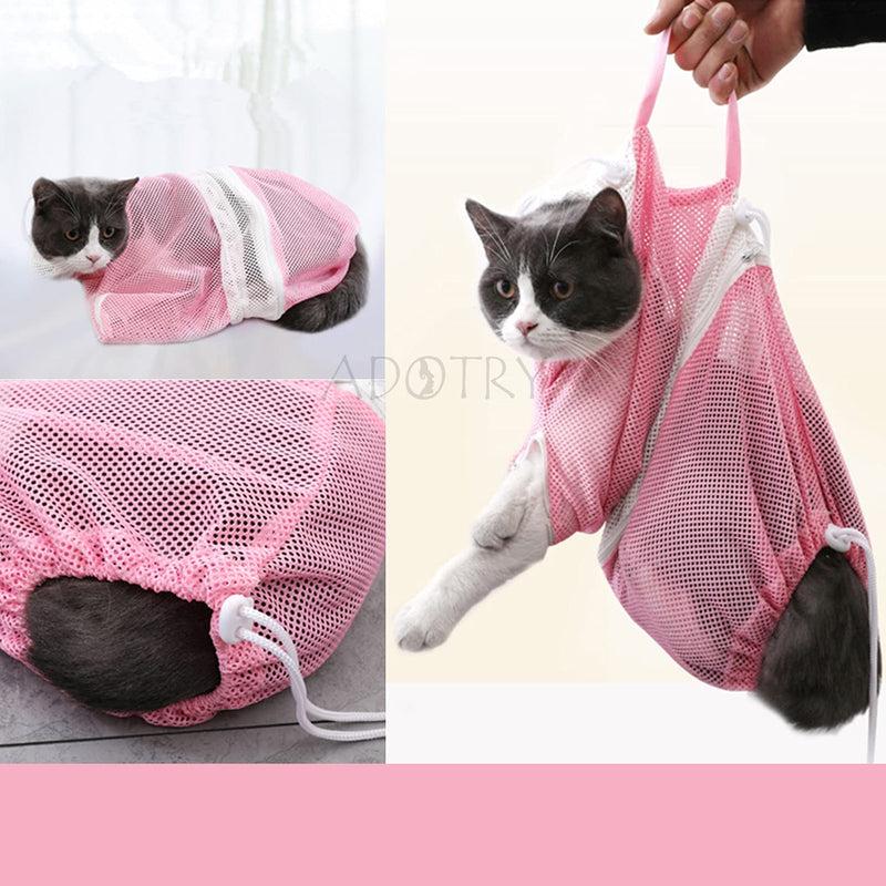 ADOTRY 4 Pieces Cat Bathing Bag Set,Adjustable Breathable Net Bag,Multifunctional Anti-Bite and Anti-Scratch Restraint wash cat Bag with Nail Clippers,Nail Files and Flea Comb - PawsPlanet Australia