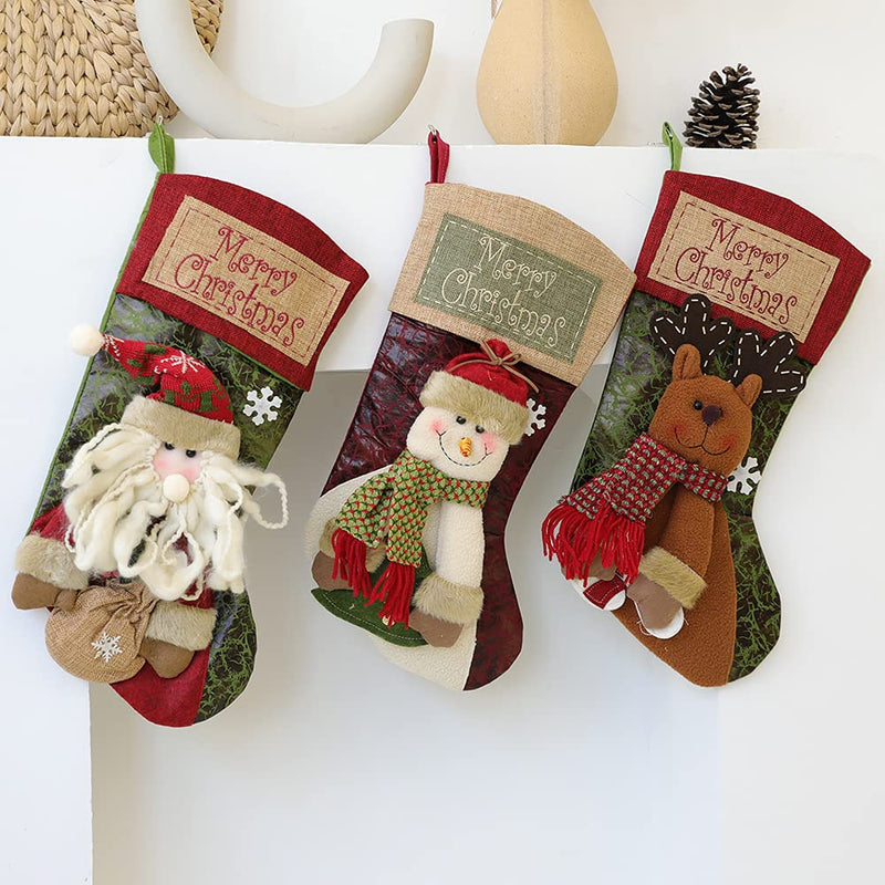 Christmas Stockings: 18.11in, one Set of 3 Pcs. Santa Claus, Snowman, and Reindeer are Classic Christmas Decoration, Fireplace Hanging and Holiday décor. Perfect for Home, School and Hotel. - PawsPlanet Australia