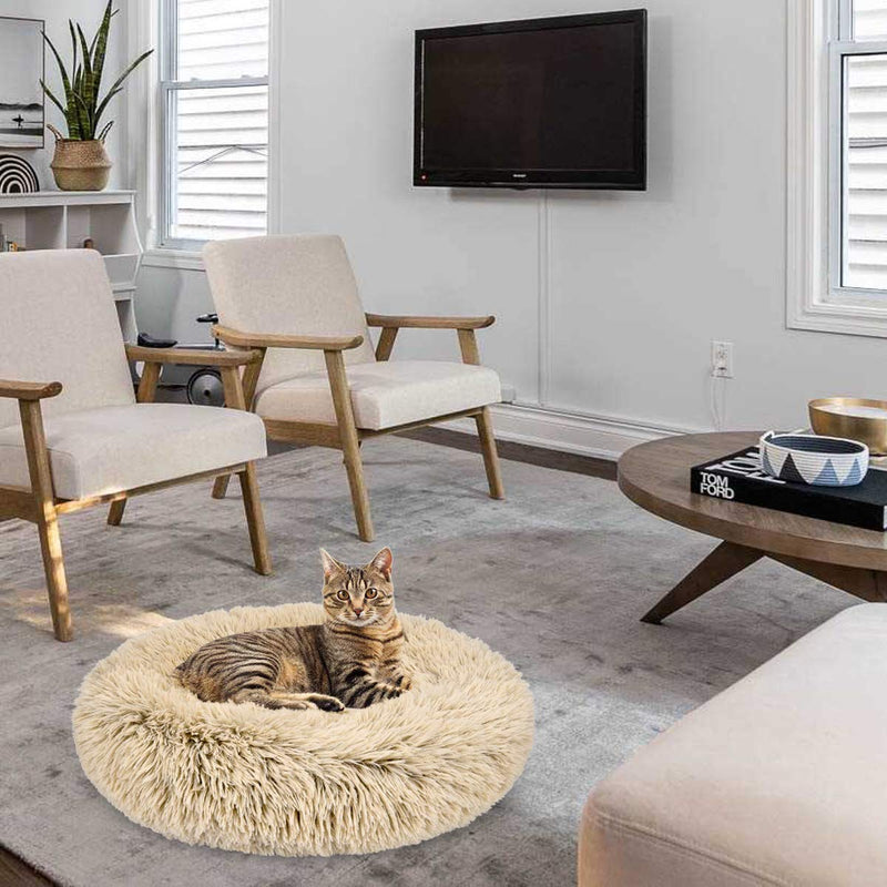 [Australia] - GASUR Dog Bed Cat Beds Donut, Soft Plush Round Pet Bed XS Small Medium Size Calming Bed, Self Warming Winter Indoor Snooze Sleeping Kitten Bed Puppy Kennel 16*16 Taupe 