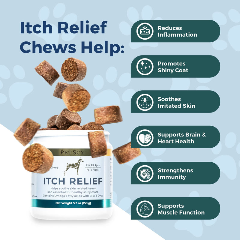 PetScy - Dog Itch Relief with Fatty Acids, EPA, DHA, & Omega for Dogs, Dog Anti-Itch Nutritional Support, Itch Relief Chews for All Ages, Pork Flavor, 30 Chews - PawsPlanet Australia