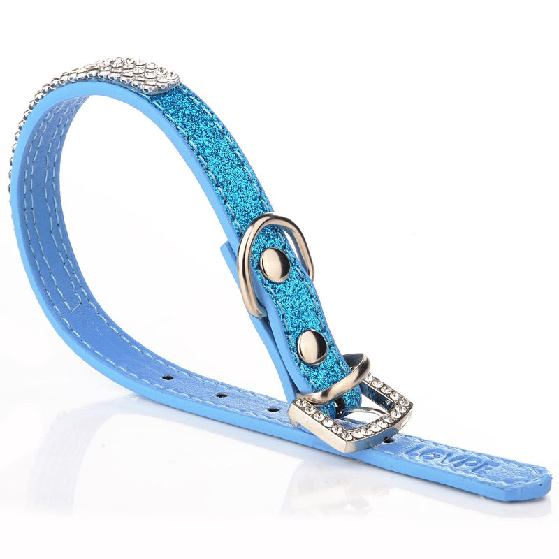 LOVPE,Dog Collar,Glitter Powder Leather+Bling Crystal Pet Collar, [Adjustable Collars for Dogs] Neck 8~11 inch (XS, Blue) XS - PawsPlanet Australia