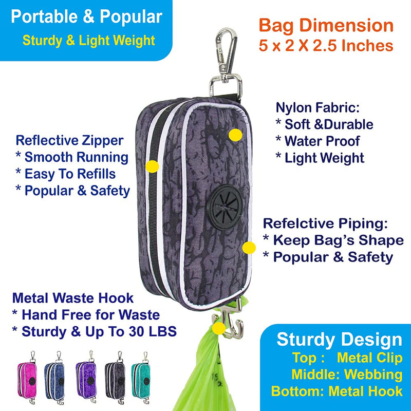 Poop Bag Holder, Dog Poop Bag Holder, Hand Free Waste Bags Holder, Portable Fabric Zipper Pouch/Leash Bag, Large Capacity for 2 Rolls (Black) Black - PawsPlanet Australia