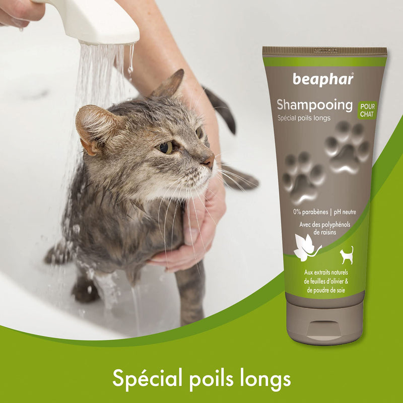 BEAPHAR Premium Long Haired Cat Shampoo - With Natural Olive Leaf Extracts & Silk Powder - Cleans, Moisturises and Easy Detangling - pH Neutral & Parben - 200ml - PawsPlanet Australia