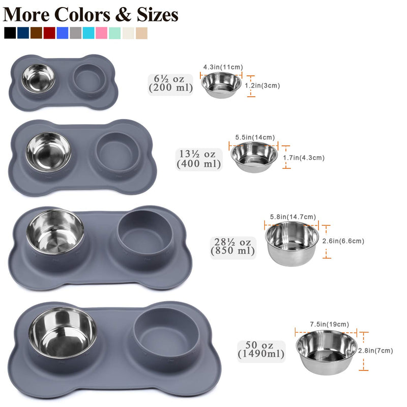 Vivaglory Dog Bowls Stainless Steel Water and Food Feeder with Non Spill Skid Resistant Silicone Mat for Pets Puppy Small Medium Dogs 13½ oz ea. Gray - PawsPlanet Australia
