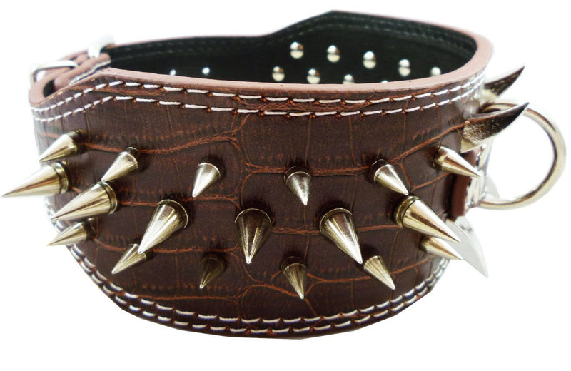 [Australia] - Dogs Kingdom Faux Croc Leather Spiked Dog Collar 3" Wide, 40 Large Spikes Pet Supplies L Brown 