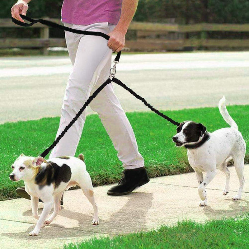 kuou 1Pcs Double Dog Lead Splitter + 1Pcs Handle Dog Lead with Handle, Dual Shock Absorbing Bungee Double Leash Coupler - No Tangle for Two Dog Walking Twin Dog Lead （Black） - PawsPlanet Australia